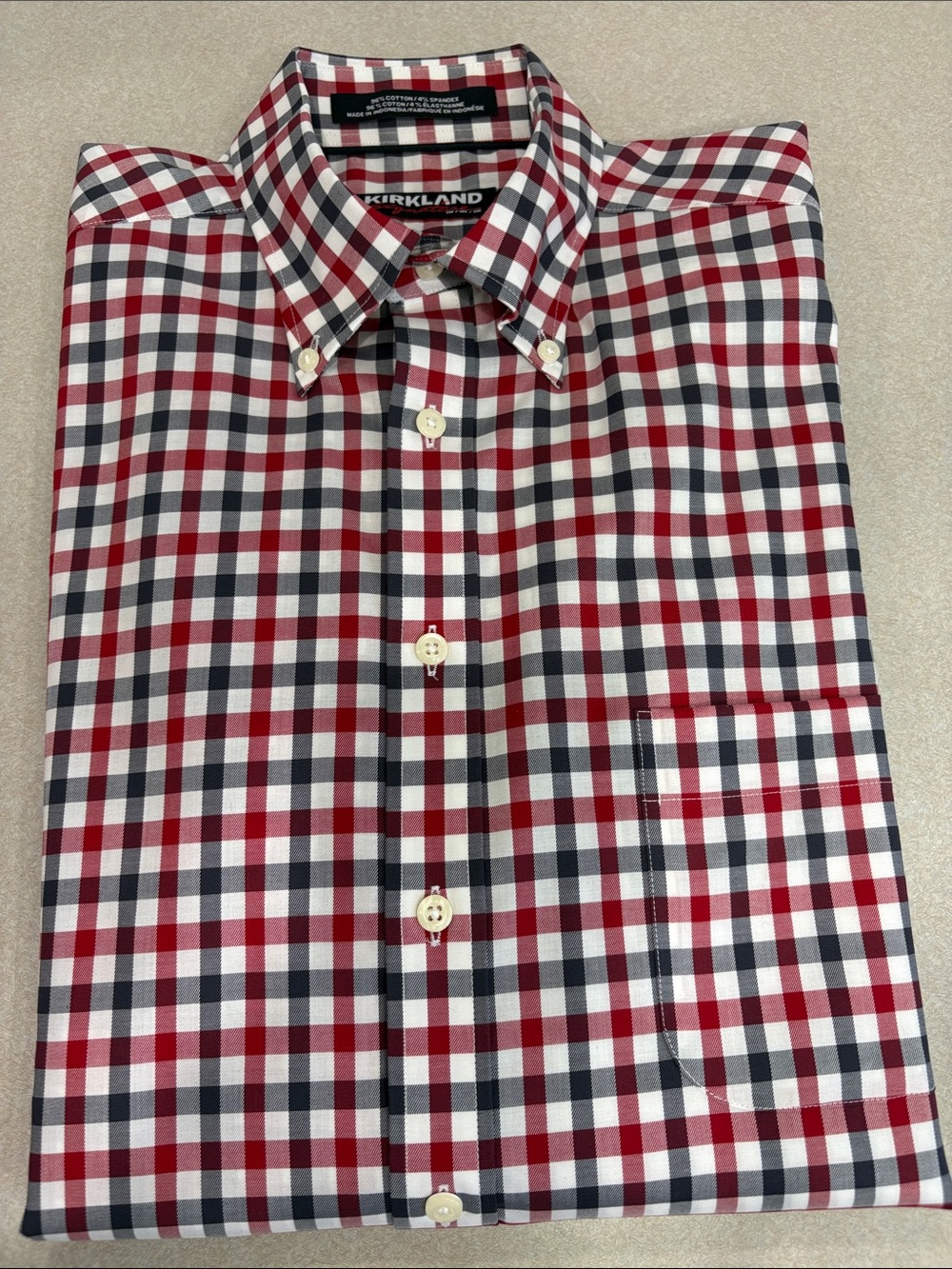 Kirkland Signature Red, Black & White Checked Button-Down Shirt